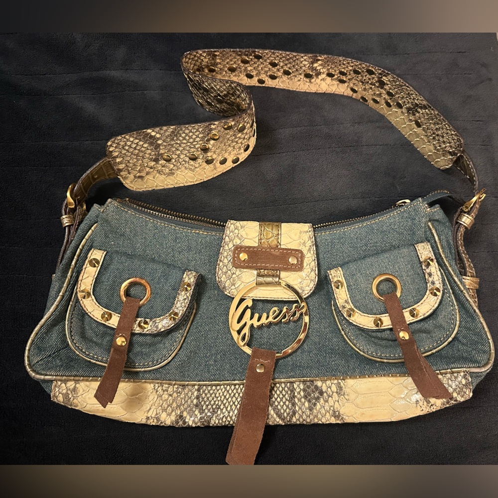 Guess Denim and Gold Accent Shoulder Bag